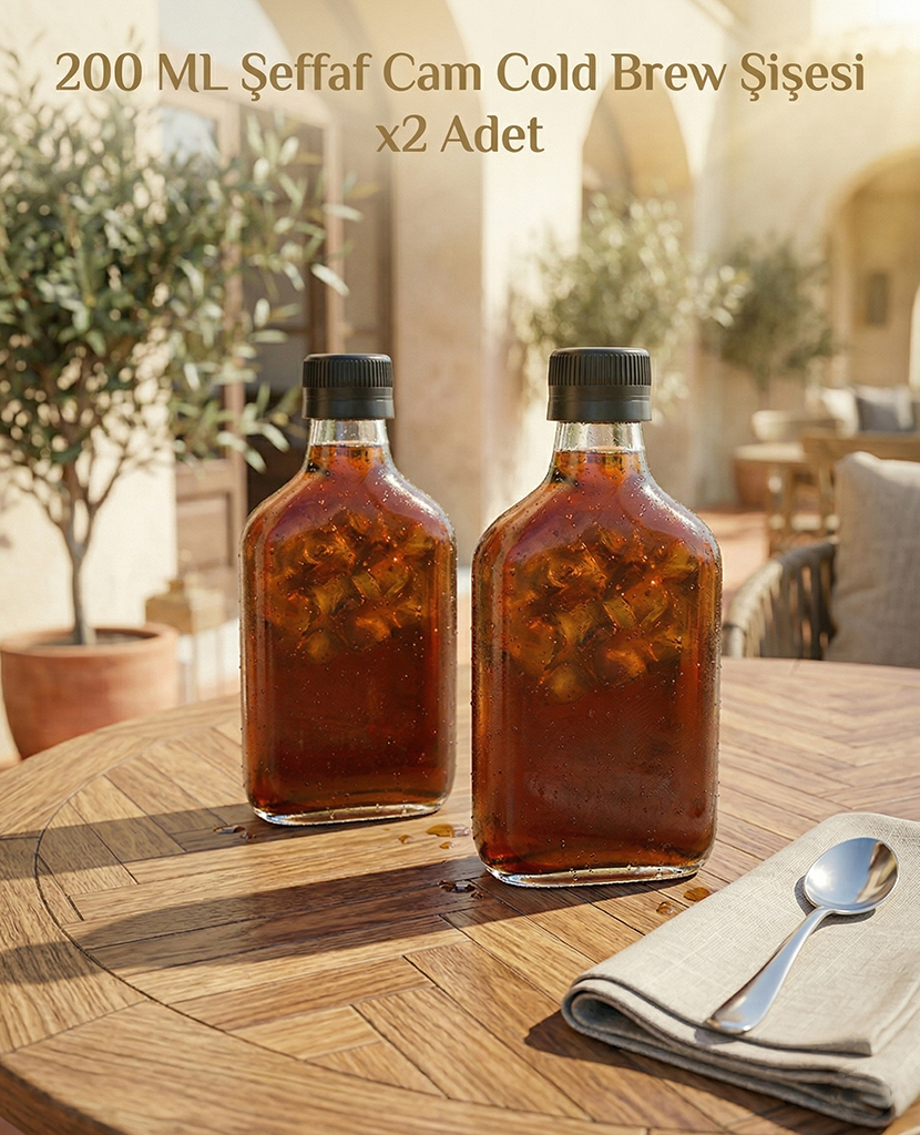 2'li 200 ml Cam Cold Brew Şişe, Siyah Kapaklı Soğuk Kahve Şişesi, Sızdırmaz Cam İçecek Şişesi