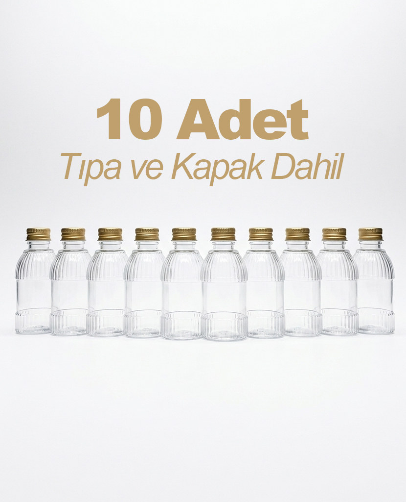 10'lu Set Mandalina Model PET Şişe Metal Gold Kapaklı Damlalıklı, Kolonya Şişesi Parfüm Şişesi 50 cc