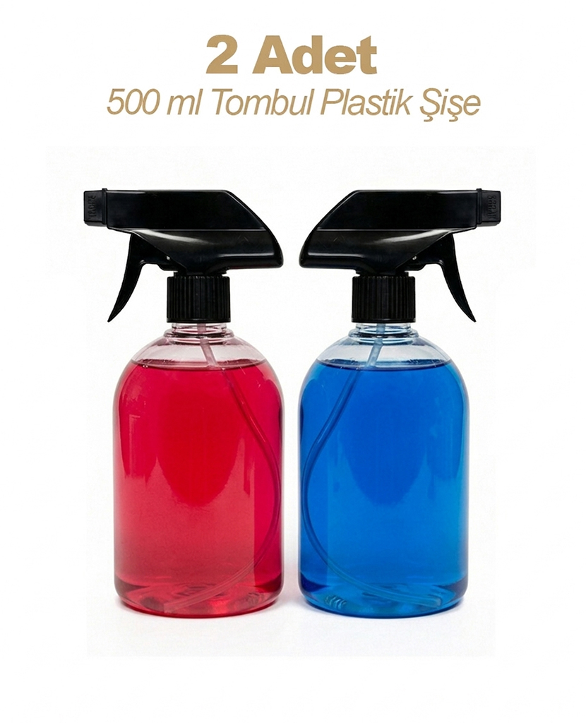 2'li Set, 500 ml Tombul Plastik Sprey Şişe, Kolonya Dezenfektan Temizlik Spreyi Şişesi